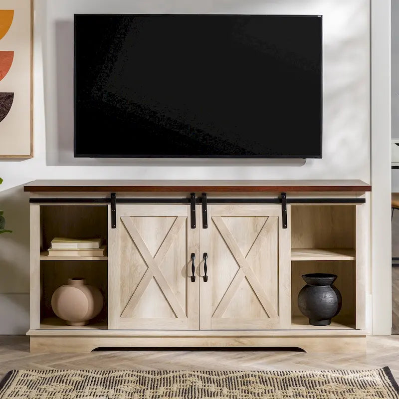 Sliding Barn Door TV Stand - Oak/Grey/White, 58"