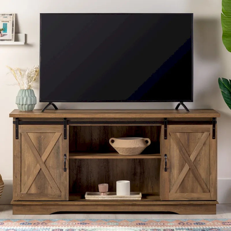 Sliding Barn Door TV Stand - Oak/Grey/White, 58"
