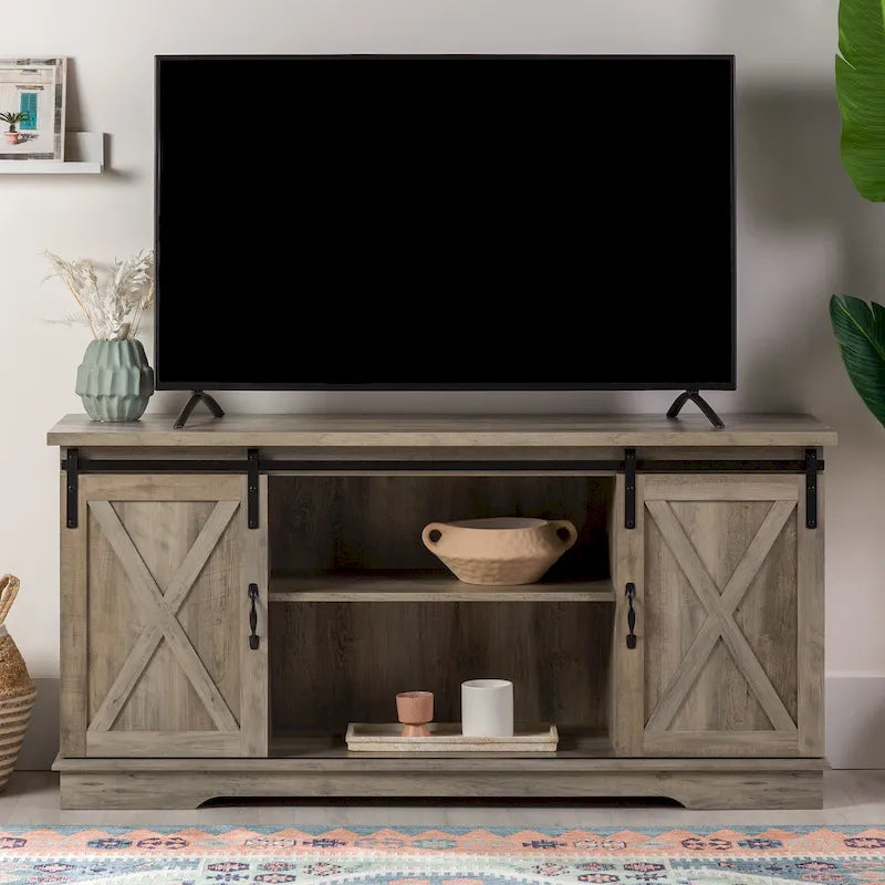 Sliding Barn Door TV Stand - Oak/Grey/White, 58"