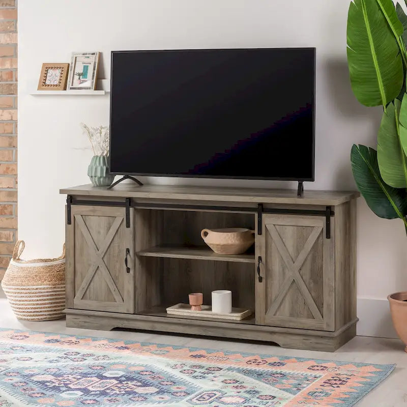 Sliding Barn Door TV Stand - Oak/Grey/White, 58"
