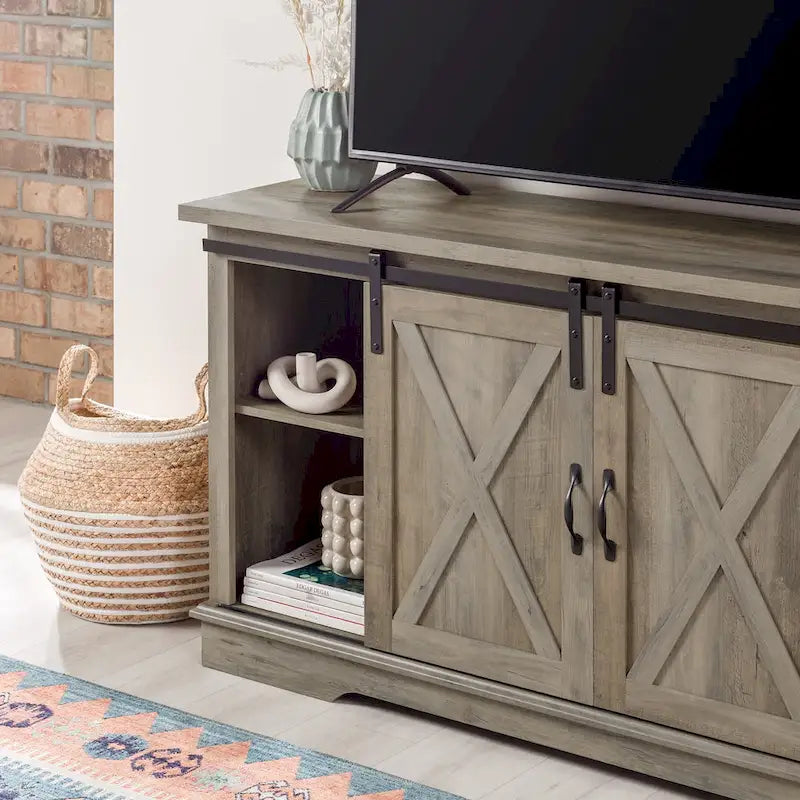 Sliding Barn Door TV Stand - Oak/Grey/White, 58"