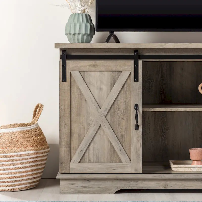 Sliding Barn Door TV Stand - Oak/Grey/White, 58"