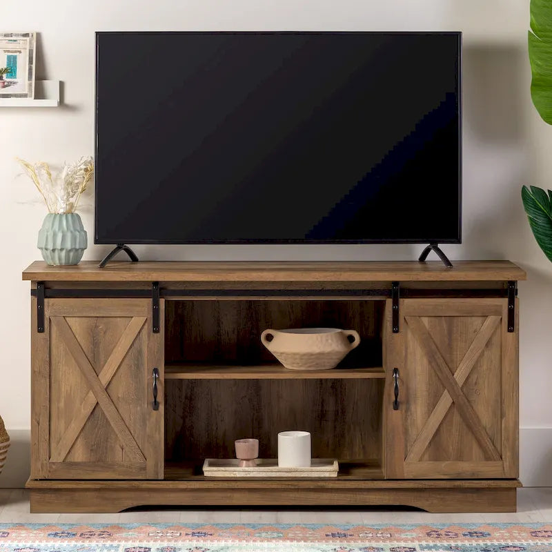 Sliding Barn Door TV Stand - Oak/Grey/White, 58"