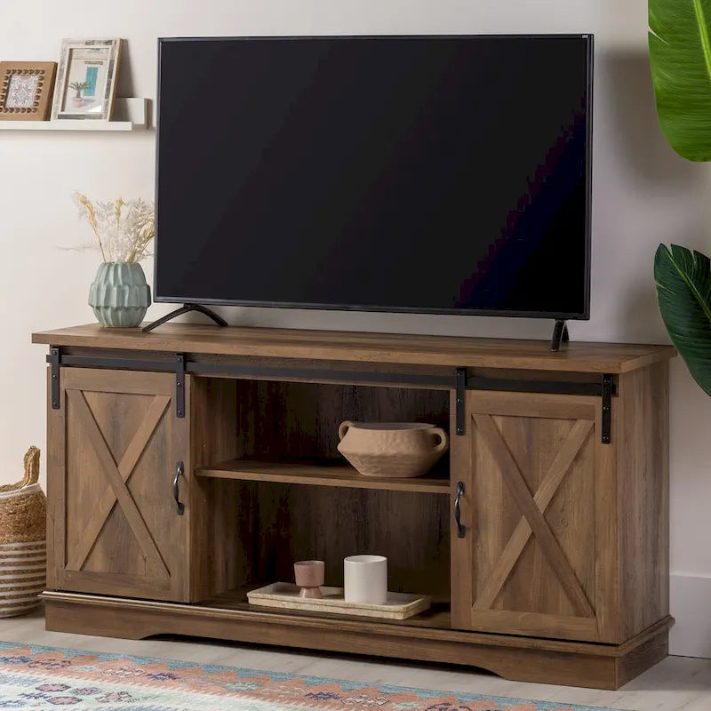 Sliding Barn Door TV Stand - Oak/Grey/White, 58"