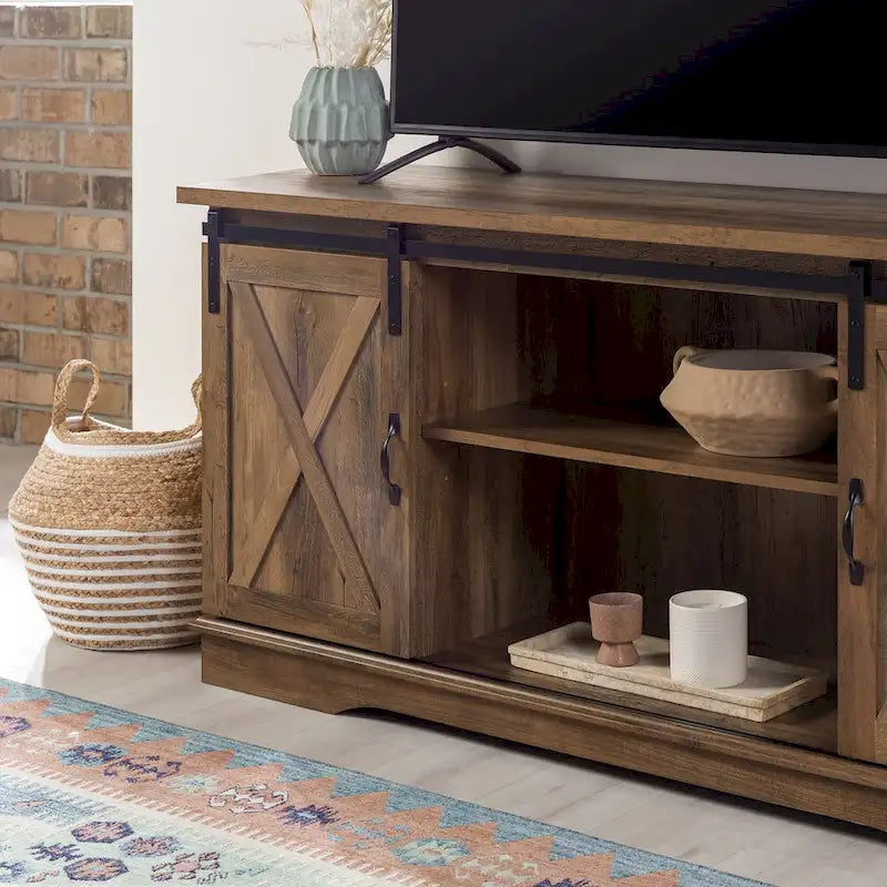 Sliding Barn Door TV Stand - Oak/Grey/White, 58"