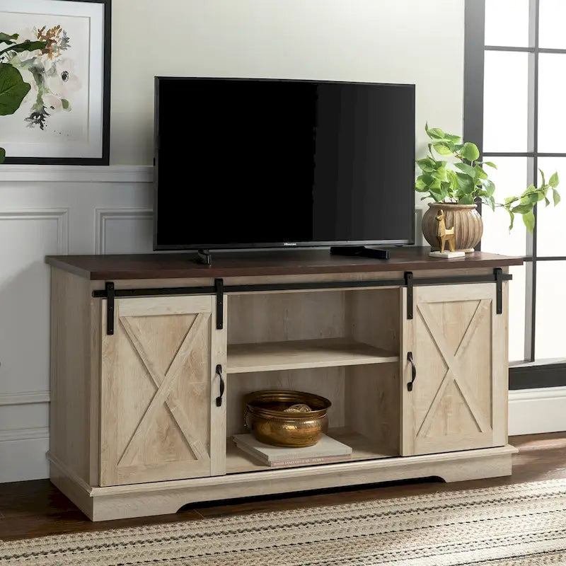 Sliding Barn Door TV Stand - Oak/Grey/White, 58"