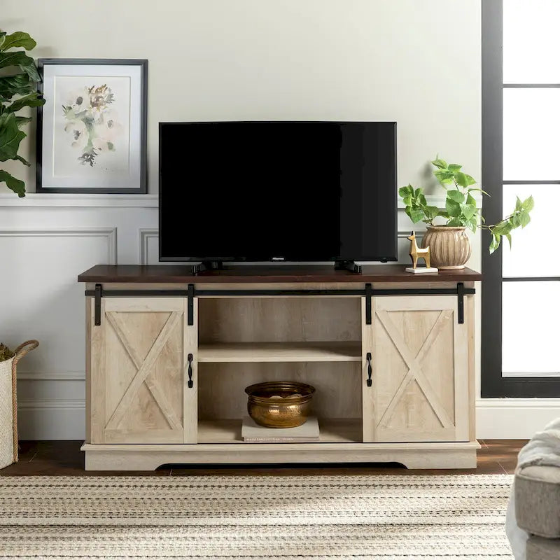 Sliding Barn Door TV Stand - Oak/Grey/White, 58"