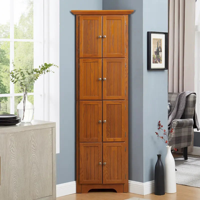 4-Tier Corner Kitchen Pantry Cabinet - Cherry/Oak, 8 Doors