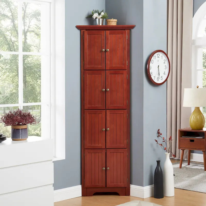 4-Tier Corner Kitchen Pantry Cabinet - Cherry/Oak, 8 Doors