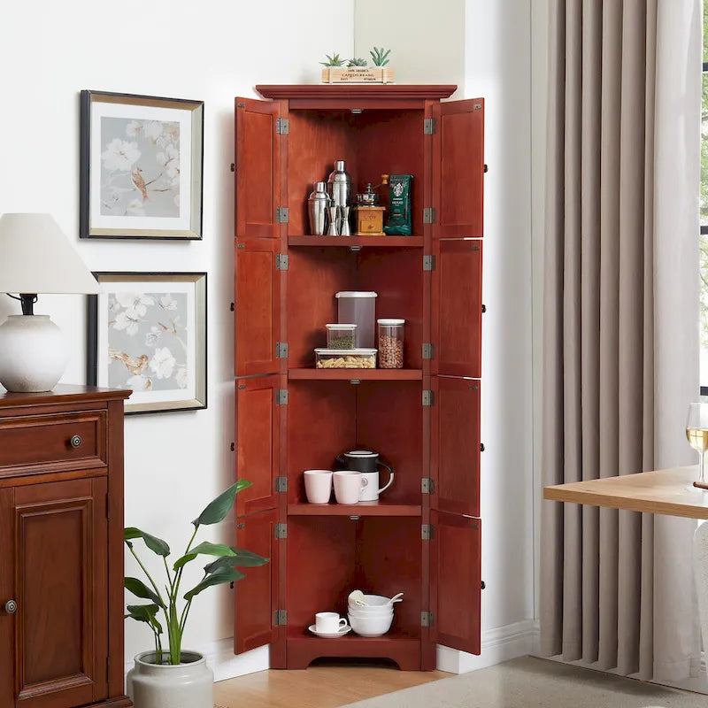 4-Tier Corner Kitchen Pantry Cabinet - Cherry/Oak, 8 Doors