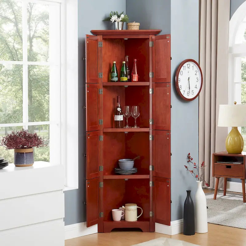 4-Tier Corner Kitchen Pantry Cabinet - Cherry/Oak, 8 Doors