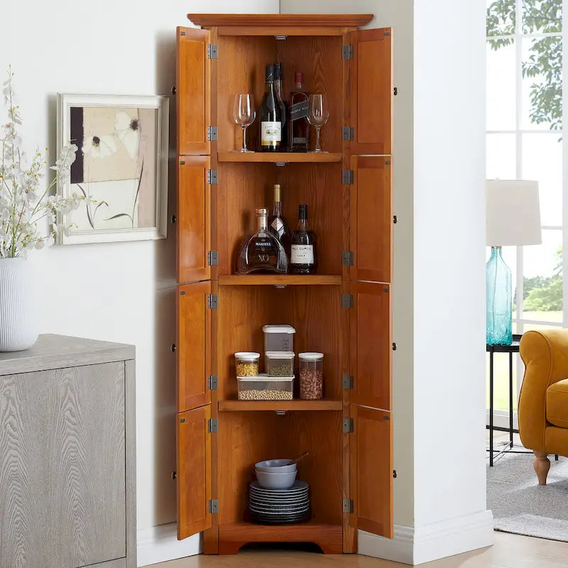 4-Tier Corner Kitchen Pantry Cabinet - Cherry/Oak, 8 Doors