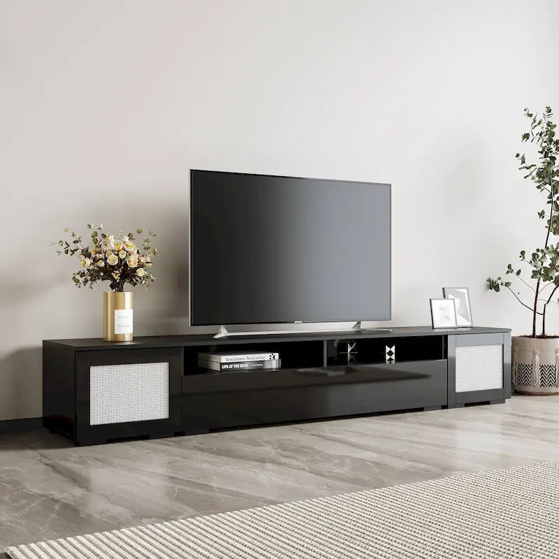 Black 82.6 TV Stand with Push-Open Doors & LED for 90 TVs