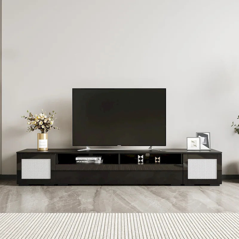 TV Stand with LED Lights and Push-Open Doors - Black, 82.6"