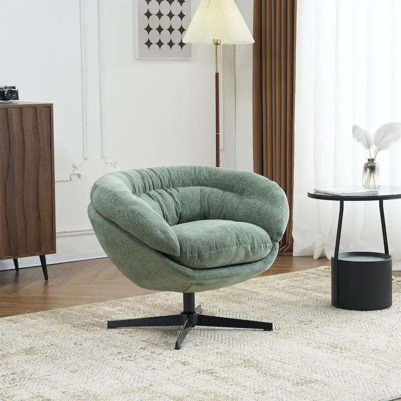Chenille Upholstered 360 Swivel Club Chair/Accent Chair with Removable Cushion, Round Office Chair with Black Metal Base