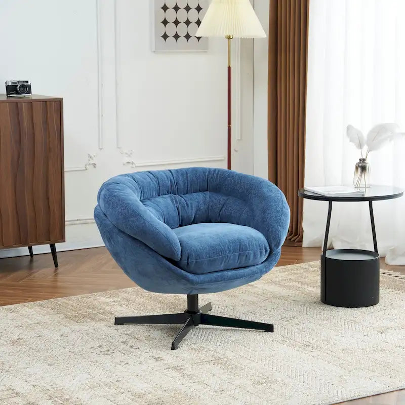 Chenille Upholstered 360 Swivel Club Chair/Accent Chair with Removable Cushion, Round Office Chair with Black Metal Base