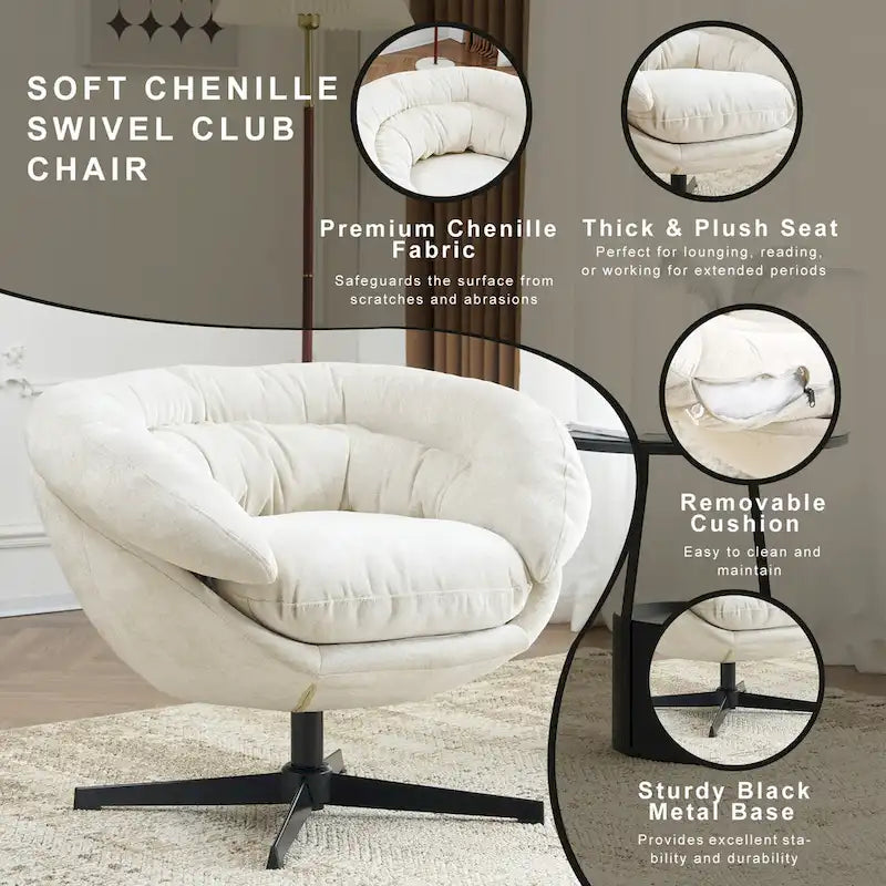 Chenille Upholstered 360 Swivel Club Chair/Accent Chair with Removable Cushion, Round Office Chair with Black Metal Base