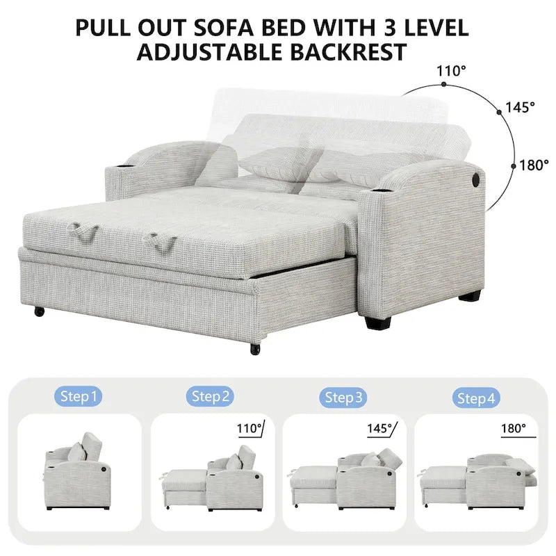 Convertible Loveseat Sofa Bed - White Grey, 2-Seater