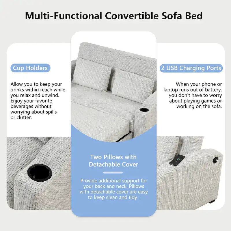 Convertible Loveseat Sofa Bed - White Grey, 2-Seater