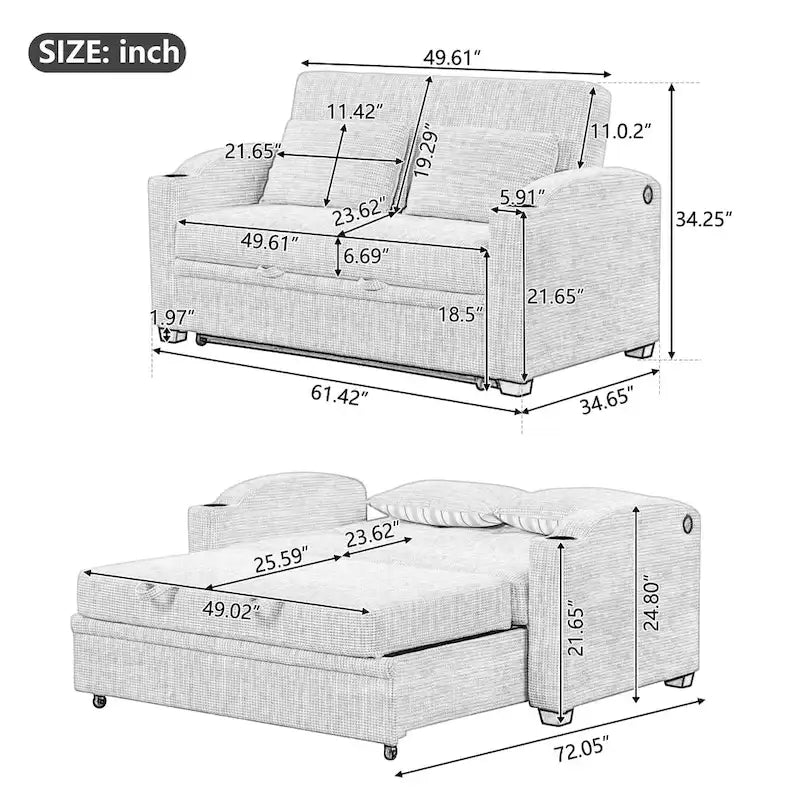 Convertible Loveseat Sofa Bed - White Grey, 2-Seater