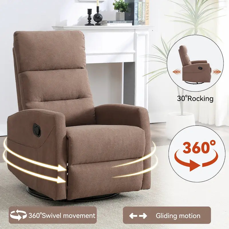Manual Recliner Chair with Rocker and Swivel in Fabric for Living Room
