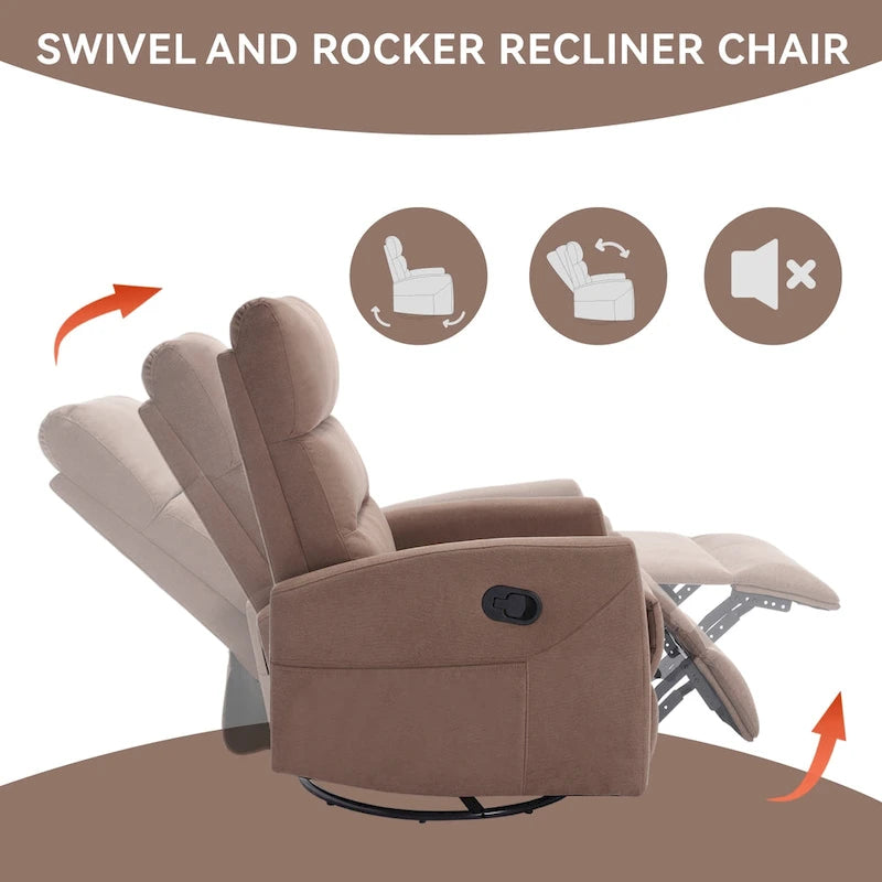 Manual Recliner Chair with Rocker and Swivel in Fabric for Living Room