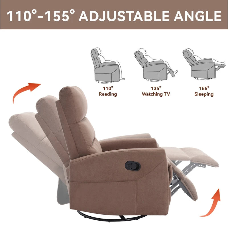 Manual Recliner Chair with Rocker and Swivel in Fabric for Living Room