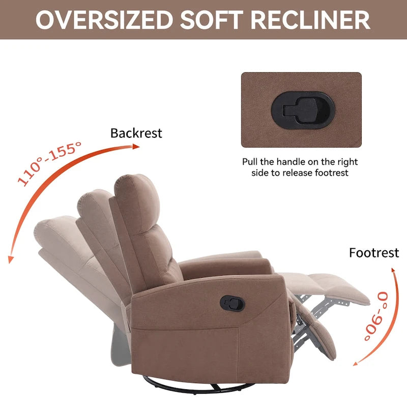 Manual Recliner Chair with Rocker and Swivel in Fabric for Living Room