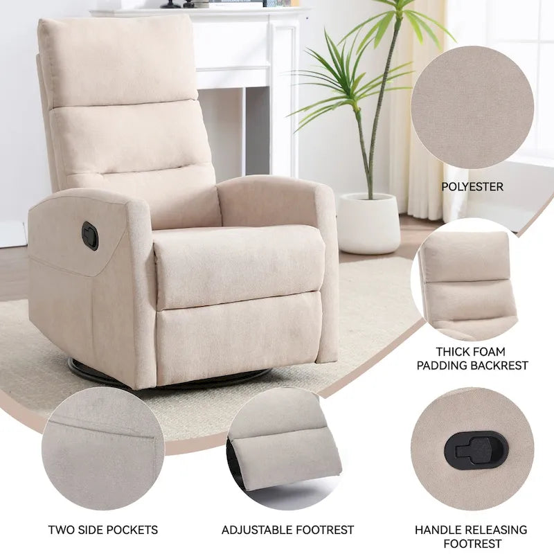 Manual Recliner Chair with Rocker and Swivel in Fabric for Living Room