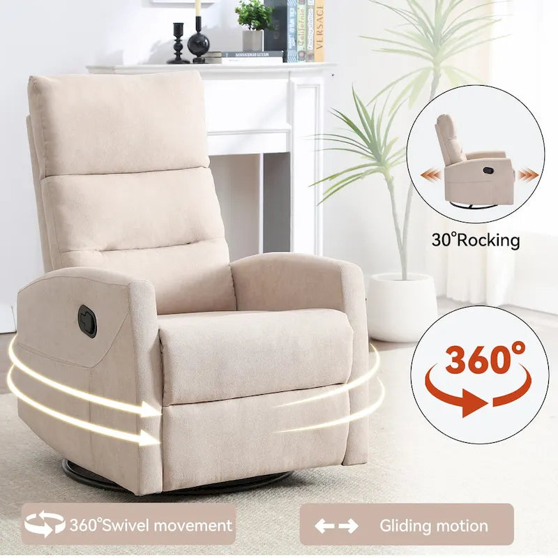 Manual Recliner Chair with Rocker and Swivel in Fabric for Living Room