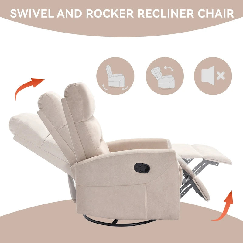 Manual Recliner Chair with Rocker and Swivel in Fabric for Living Room