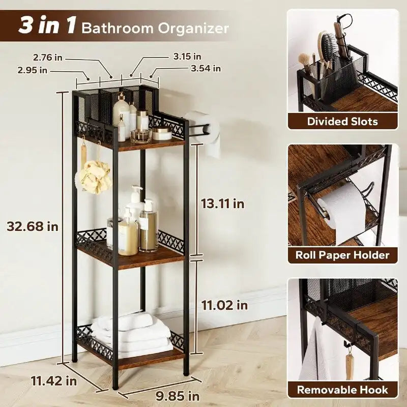 3-Tier Storage Shelf with Toilet Paper Holder - Brown