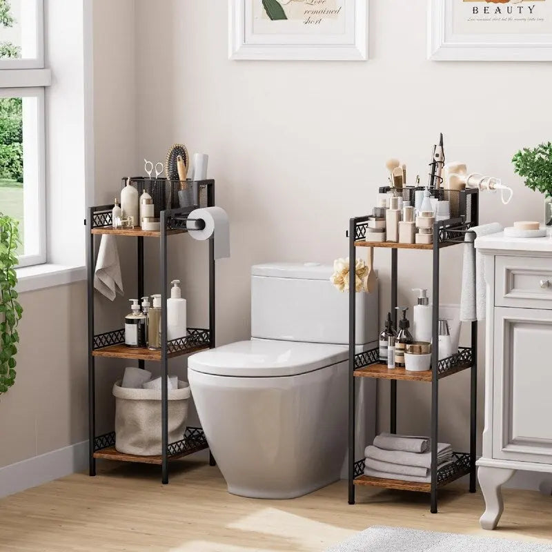 3-Tier Storage Shelf with Toilet Paper Holder - Brown