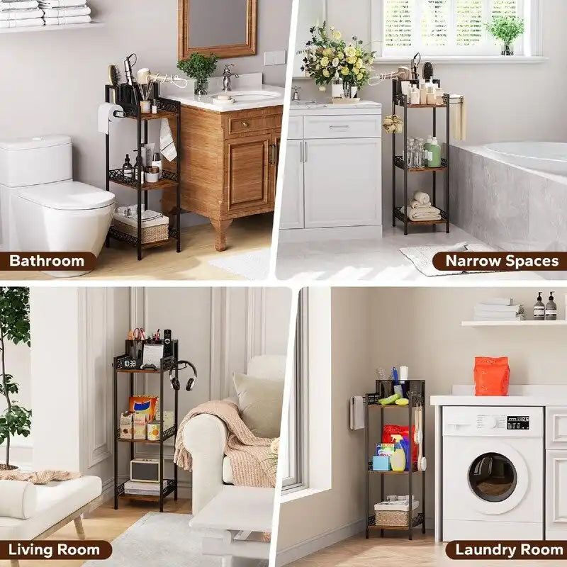 3-Tier Storage Shelf with Toilet Paper Holder - Brown