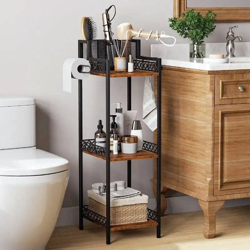 3-Tier Storage Shelf with Toilet Paper Holder - Brown