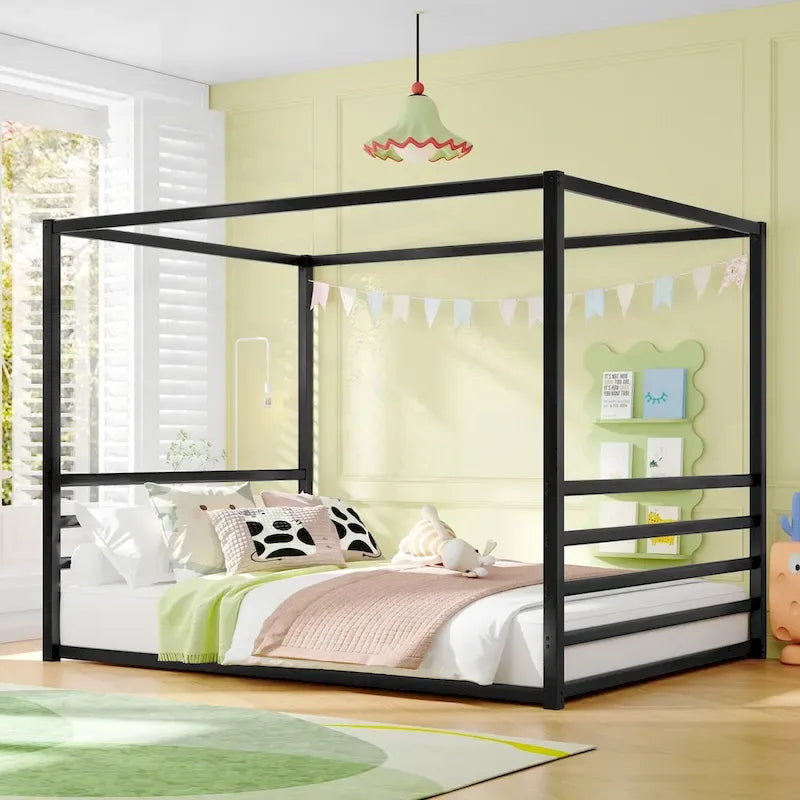 Modern Iron Double-Size Floor Bed with Multi-Functional Guardrails and Stable Structure