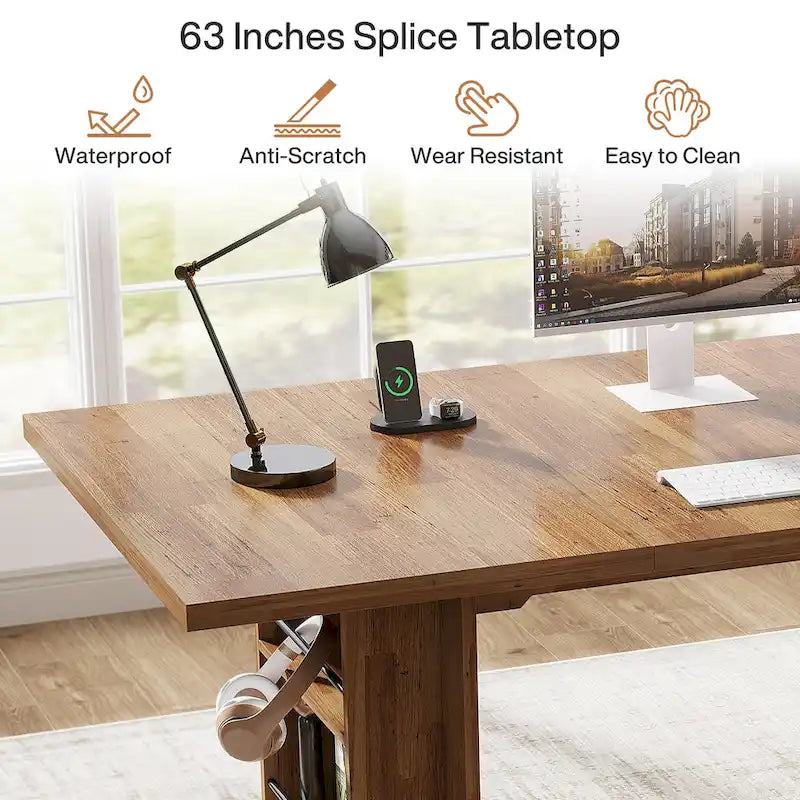 Office Desk with Storage Shelves - Brown/Natural, 63"