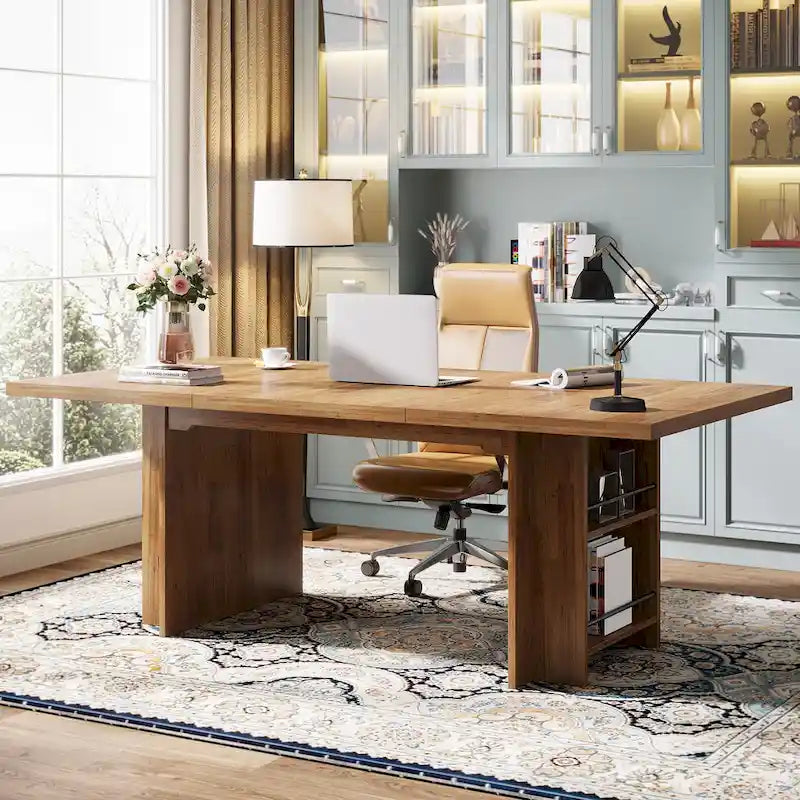 Office Desk with Storage Shelves - Brown/Natural, 63"