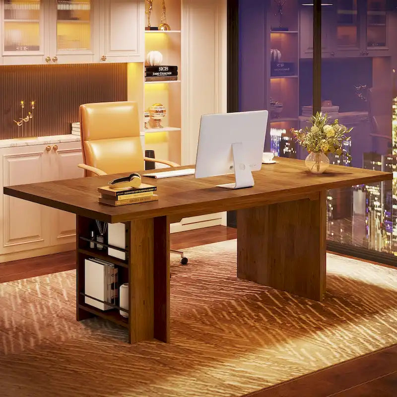 Office Desk with Storage Shelves - Brown/Natural, 63"