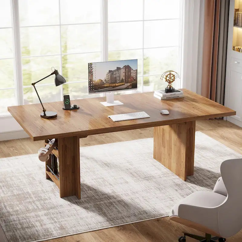 Office Desk with Storage Shelves - Brown/Natural, 63"