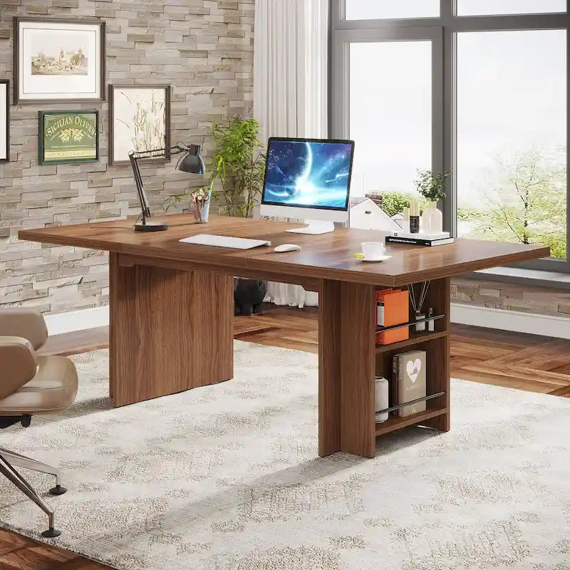 Office Desk with Storage Shelves - Brown/Natural, 63"