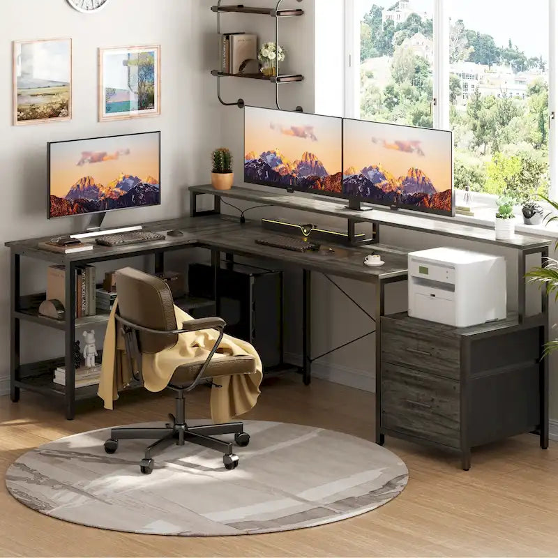 Reversible L Shaped Computer Desk with File Drawer  Long Monitor Stand  Charging Station & RGB LED Strips