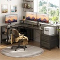 Reversible L Shaped Computer Desk with File Drawer  Long Monitor Stand  Charging Station & RGB LED Strips