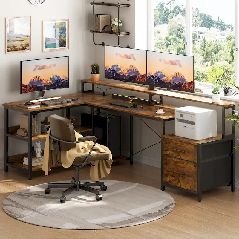 Reversible L Shaped Computer Desk with File Drawer  Long Monitor Stand  Charging Station & RGB LED Strips