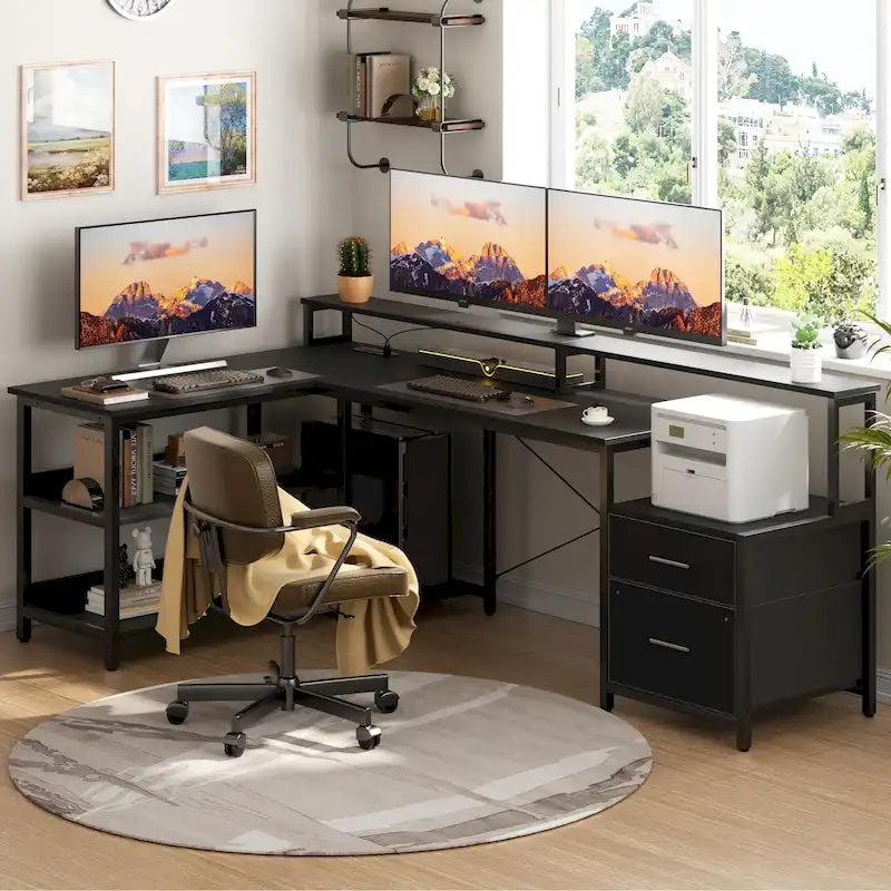Reversible L Shaped Computer Desk with File Drawer  Long Monitor Stand  Charging Station & RGB LED Strips