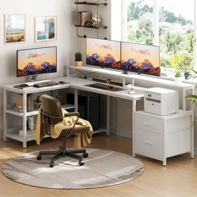 Reversible L Shaped Computer Desk with File Drawer  Long Monitor Stand  Charging Station & RGB LED Strips
