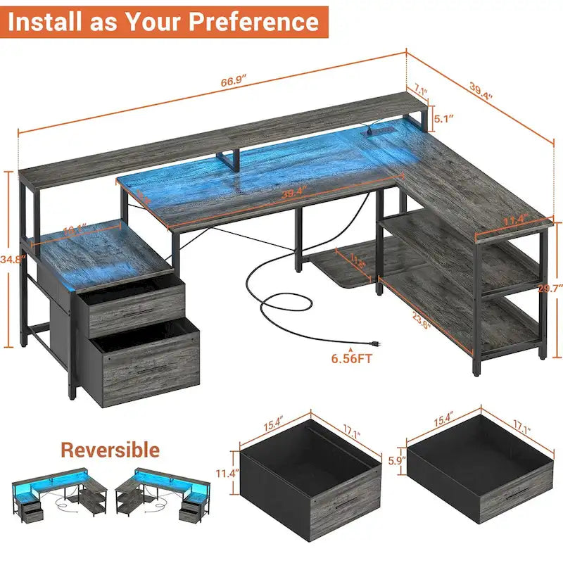 Reversible L Shaped Computer Desk with File Drawer  Long Monitor Stand  Charging Station & RGB LED Strips