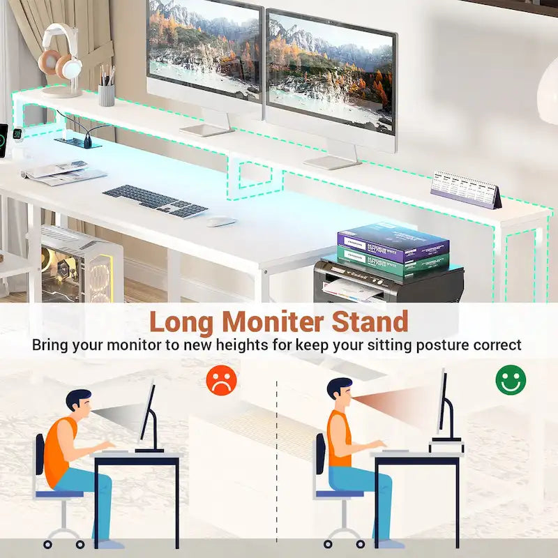 Reversible L Shaped Computer Desk with File Drawer  Long Monitor Stand  Charging Station & RGB LED Strips