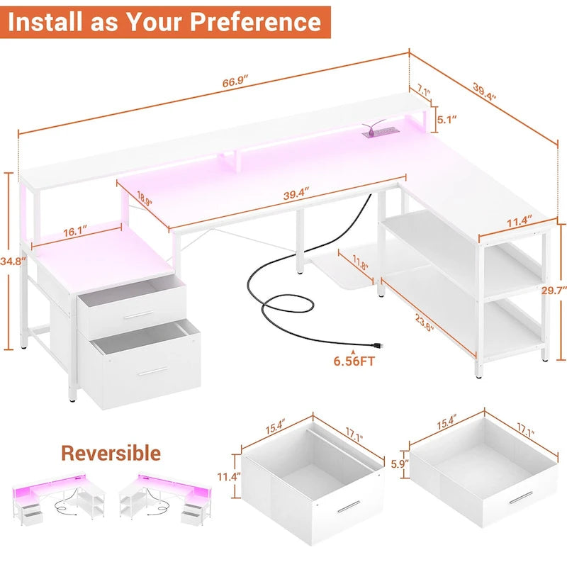 Reversible L Shaped Computer Desk with File Drawer  Long Monitor Stand  Charging Station & RGB LED Strips