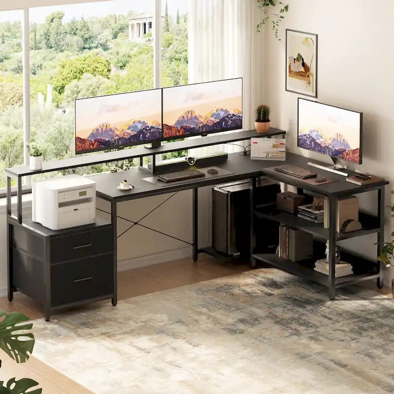 Reversible L Shaped Computer Desk with File Drawer  Long Monitor Stand  Charging Station & RGB LED Strips